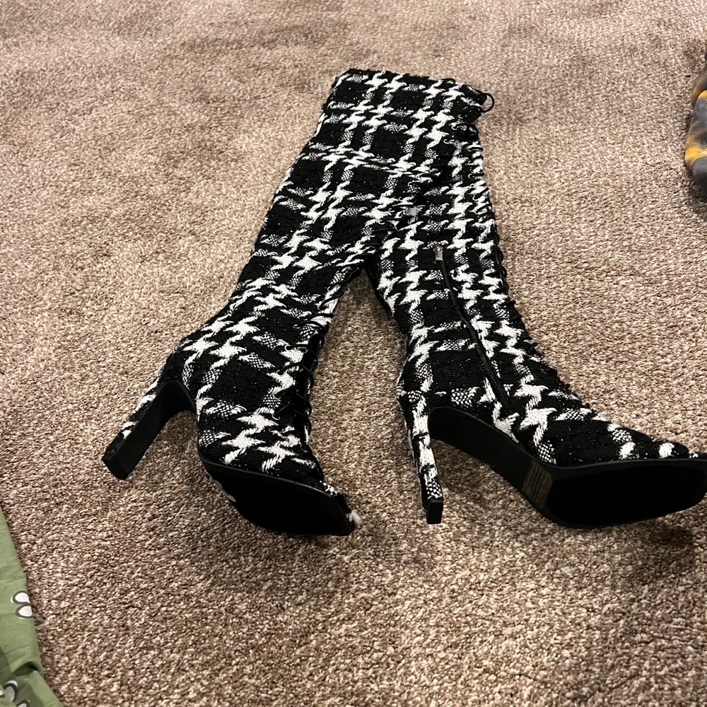 Zendaya Peep Toe Black and White Houndstooth Women's Boots
